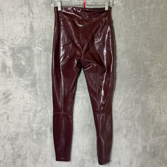 Spanx Pants Women Small Faux Patent Leather Leggings Ruby Burgundy Pull On - Picture 5 of 10